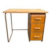 Vintage 1950s desk made of wood and metal with a 3-drawer unit.