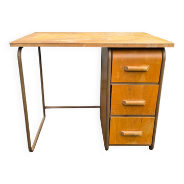 Vintage 1950s desk made of wood and metal with a 3-drawer unit.