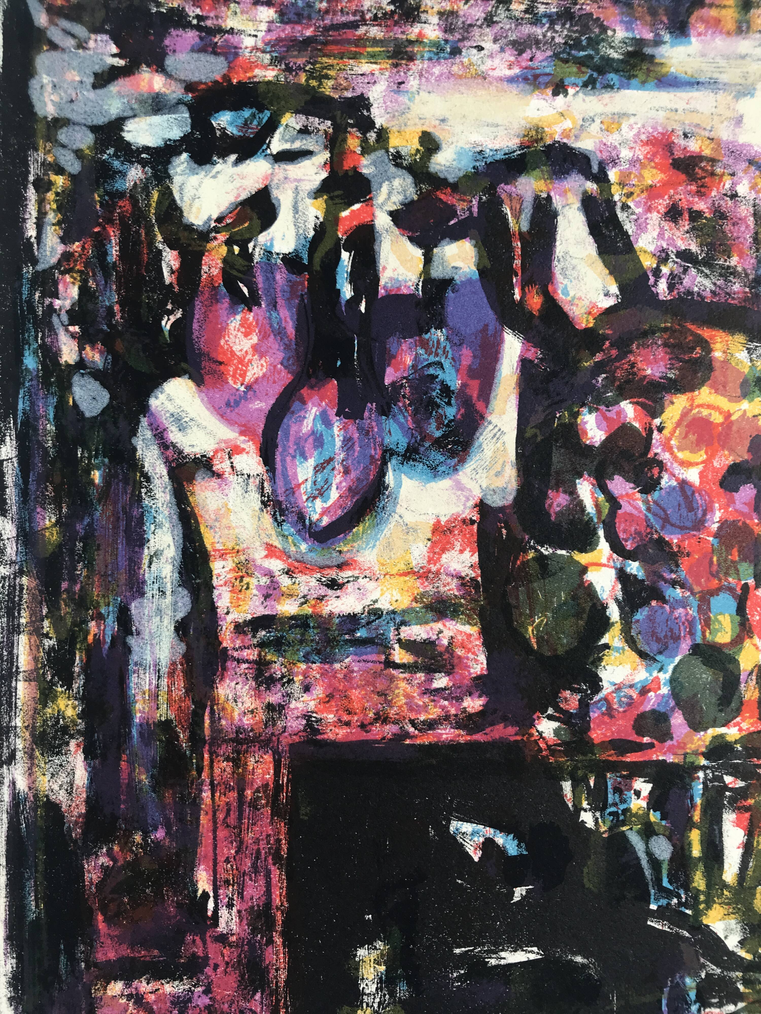 Yvette alde, flowers and birds, c 1950. lithograph signed in pencil