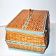 Book basket - vintage stitch box in woven rattan and blue scoubidou 1960 worker