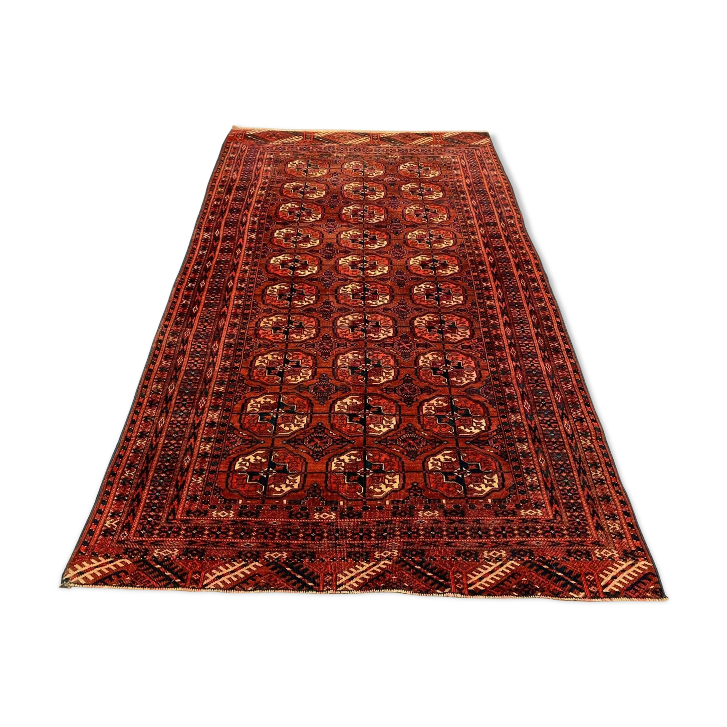 Antique Turkmen Tekke Rug, 190x113 cm Turkoman Bokhara Red Black Beige