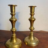 Pair of duo of ringed brass candlesticks