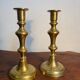 Pair of duo of ringed brass candlesticks