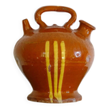 Cruche ou gargoulette ancienne en faïence française à glaçure rayée jaune