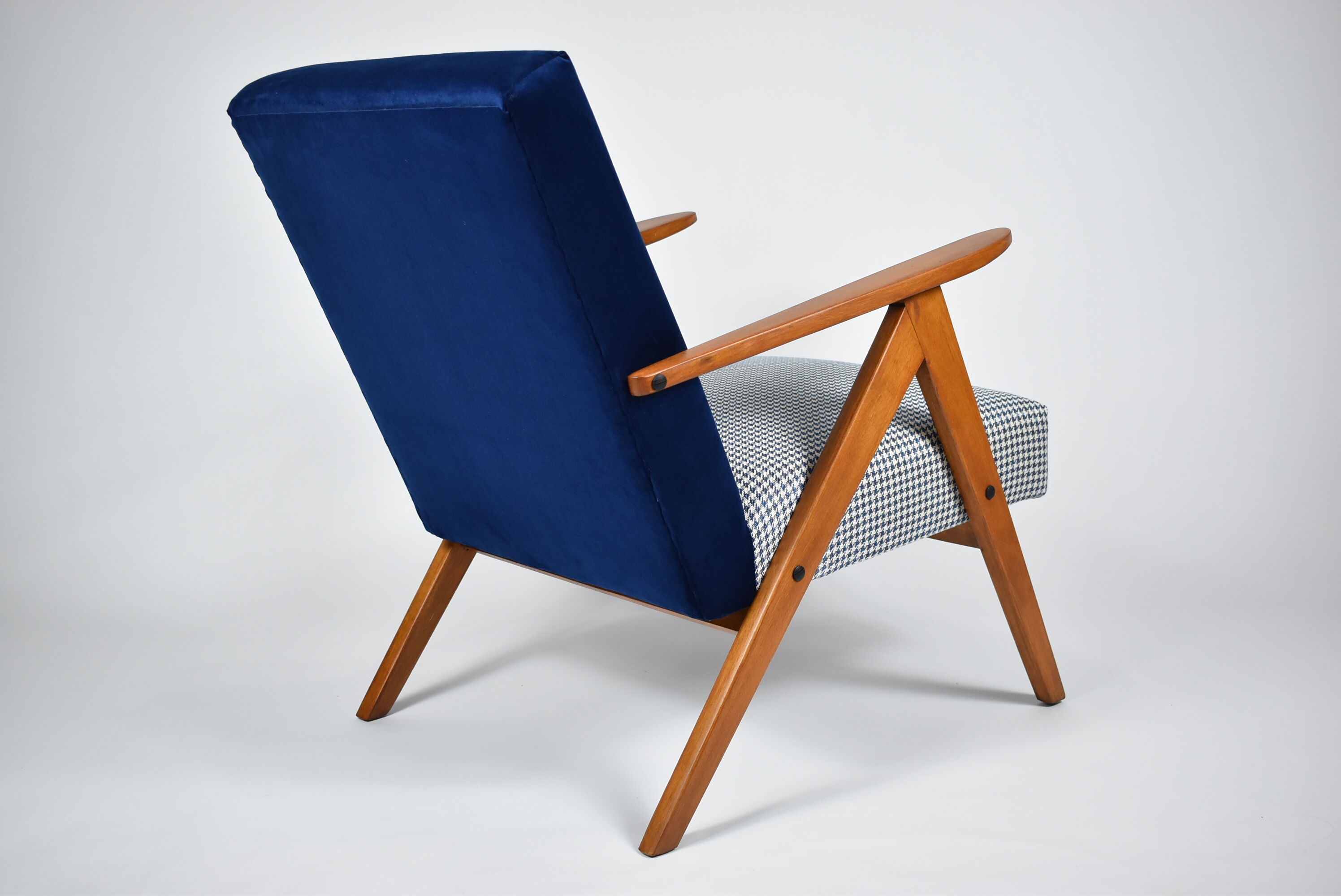 Vintage original 60s armchair, refstored, blue velvet, poule fabric