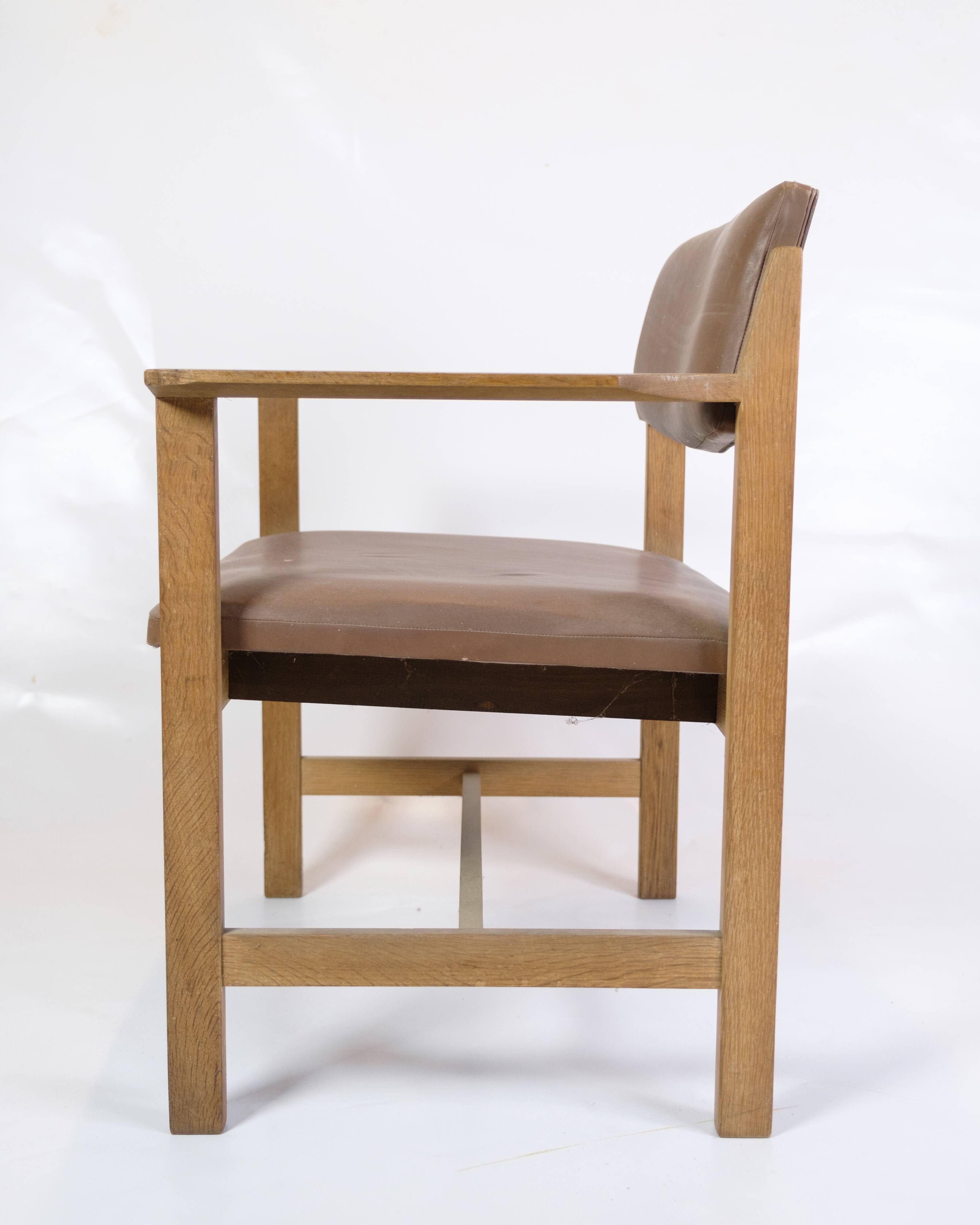 Office Chair Made In Oak & Brown Leather Seat From 1970s