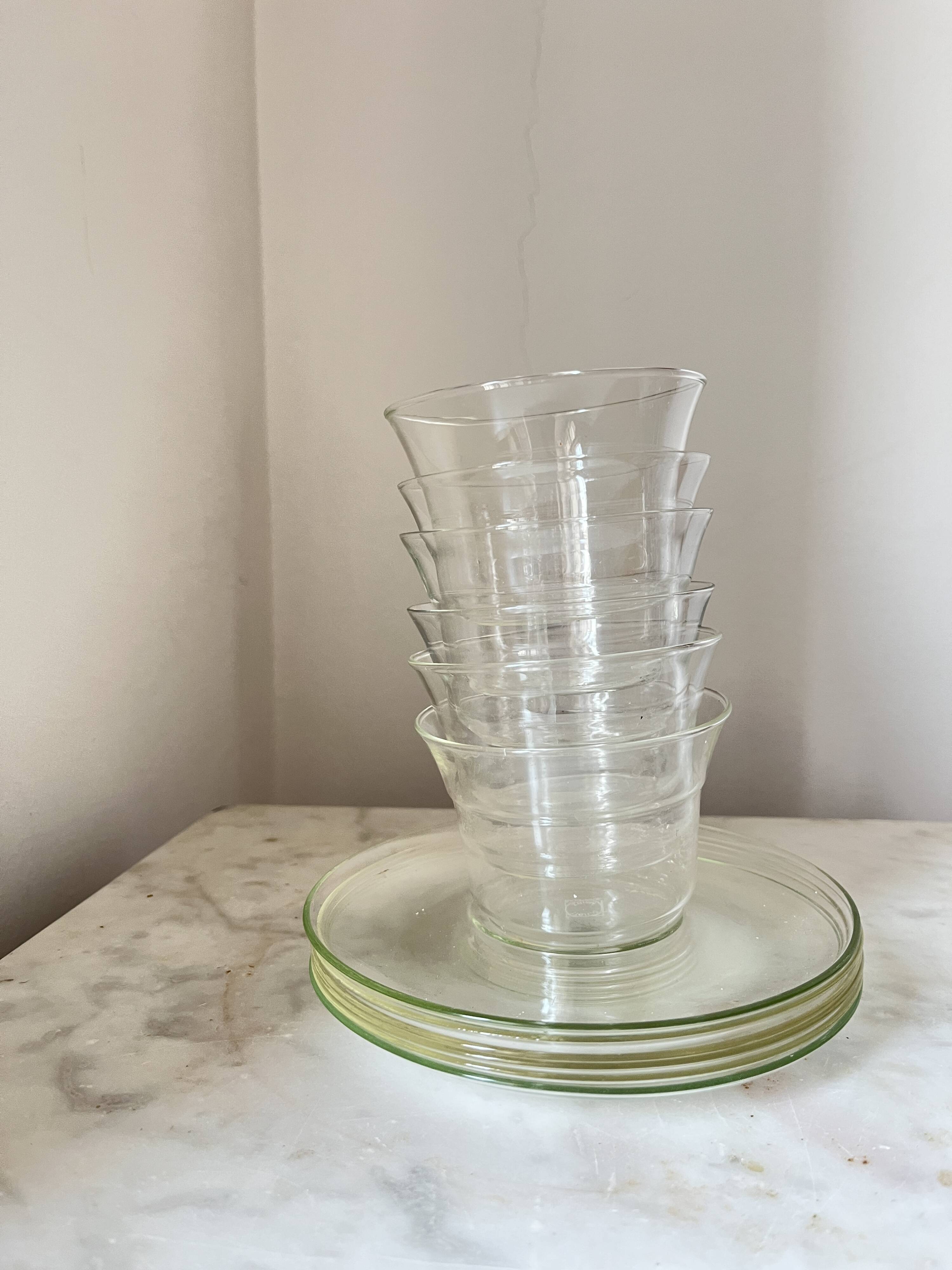 Vintage Jena Borosilicate Glass Tea Cups Set of 6 + Saucers,  GDR, 1960s