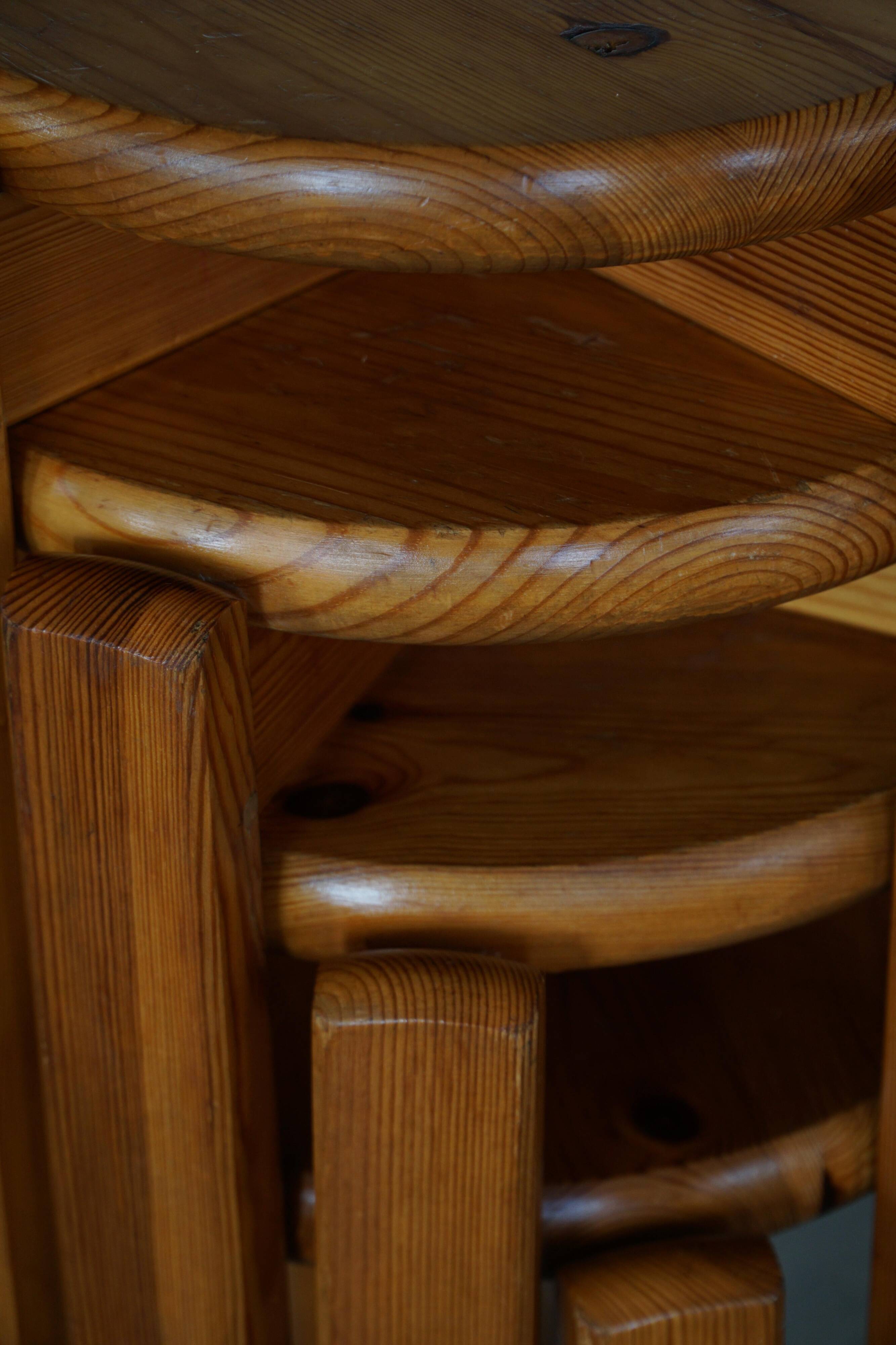 Mid-20th century, set of 4 vintage stackable pine stools, Danish design.
