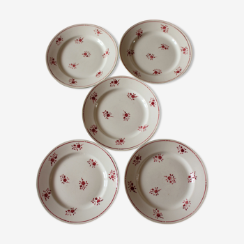 Lot 5 assiettes plates fleurs rouges Moulin des Loups Richard