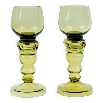 Pair of Antique Hand Blown Glass Wine Glasses from Roemer, Germany, 1880-1900s