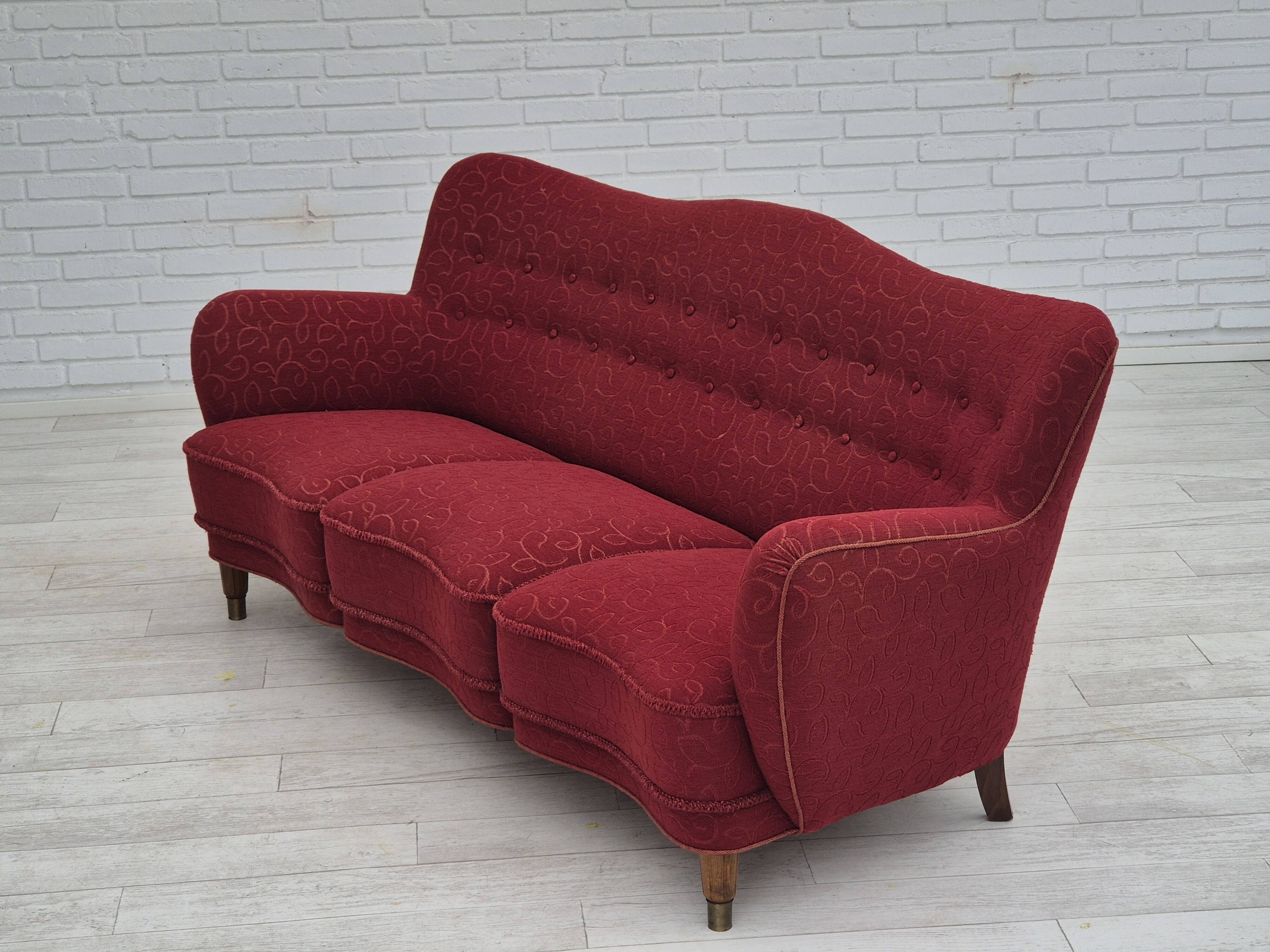 Années 1960, canapé danois 3 places, état d'origine, tissu coton-laine.