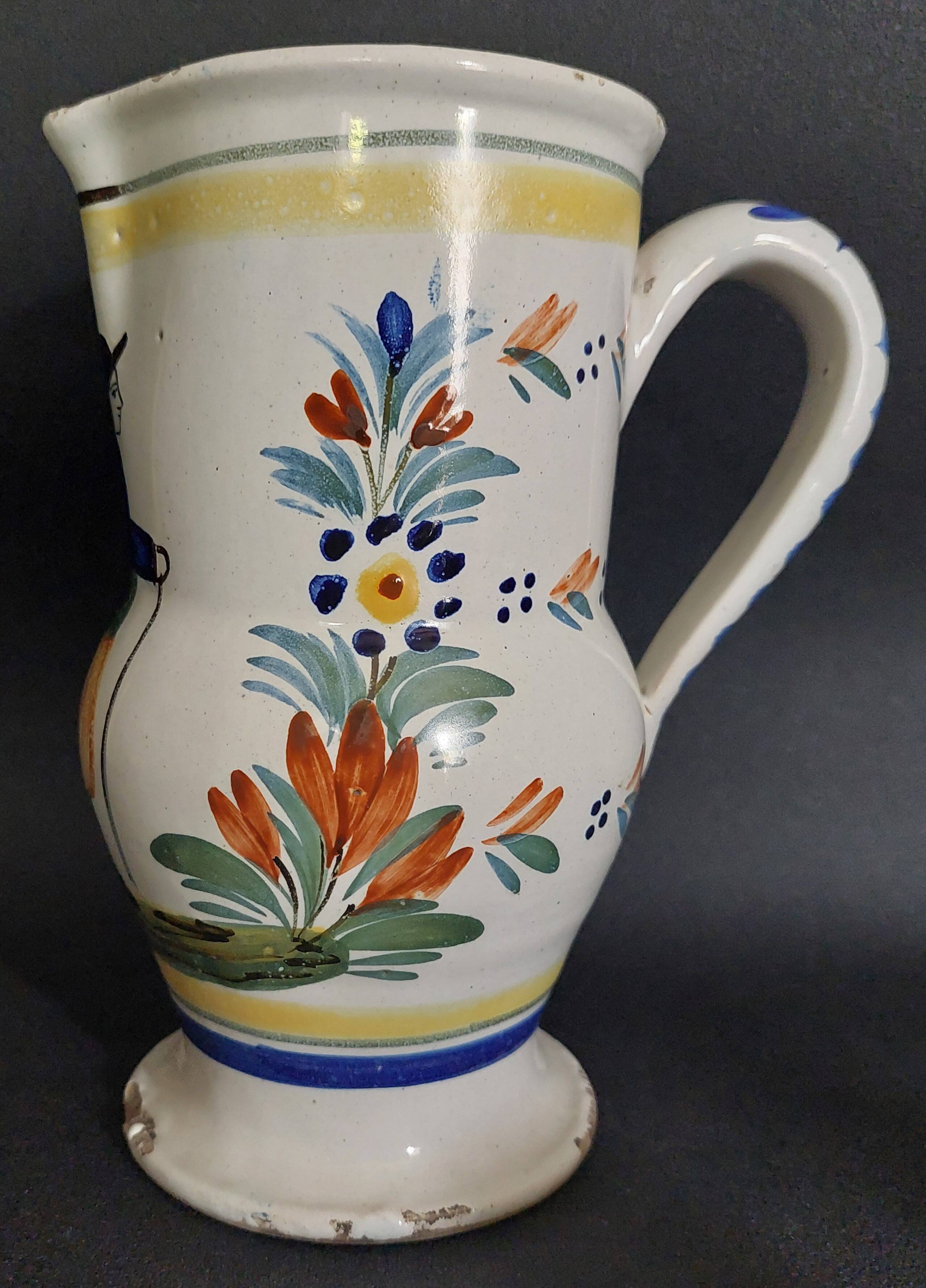 HB Quimper earthenware pitcher, late 19th century character