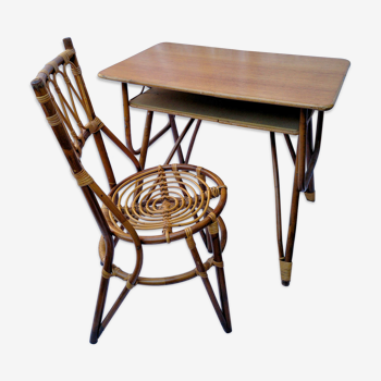 Bureau bambou rotin vintage et sa chaise