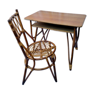 Bureau bambou rotin vintage et sa chaise