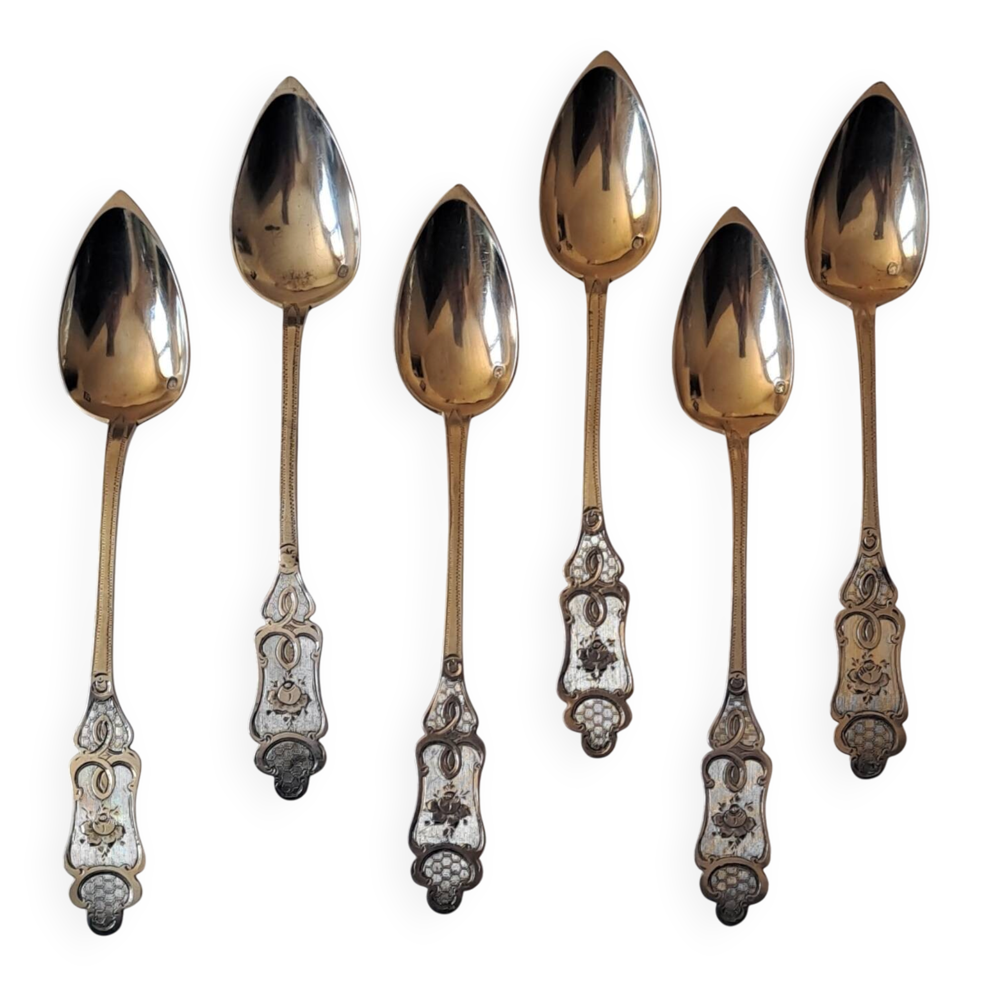 6 small numbered silver teaspoons, Minerva hallmark.