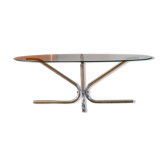Oval coffee table in chrome and smoked glass, tubular star legs, Design, 1970