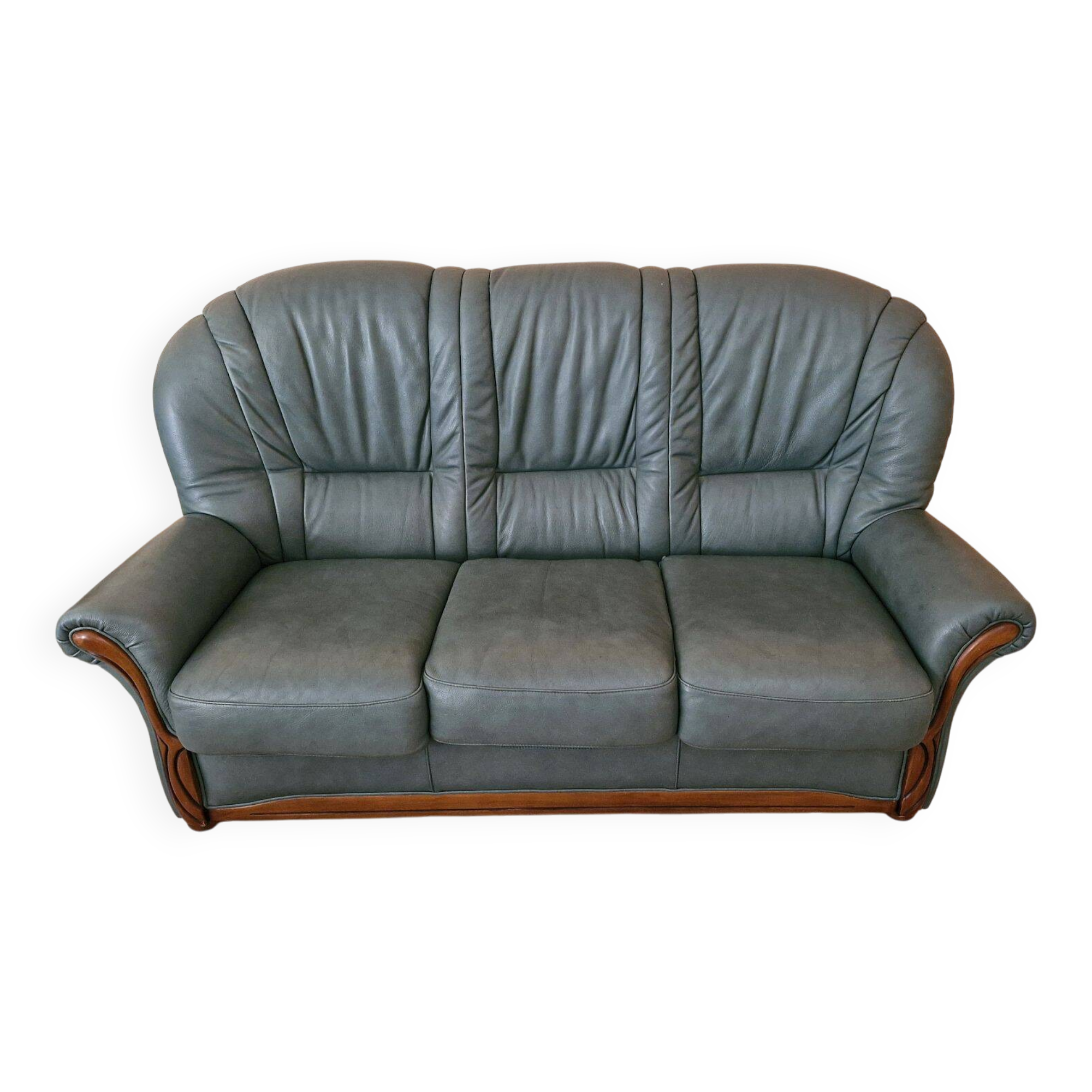 Three-seater sofa in green leather with a solid wood frame