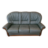 Three-seater sofa in green leather with a solid wood frame
