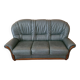 Three-seater sofa in green leather with a solid wood frame