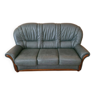 Three-seater sofa in green leather with a solid wood frame