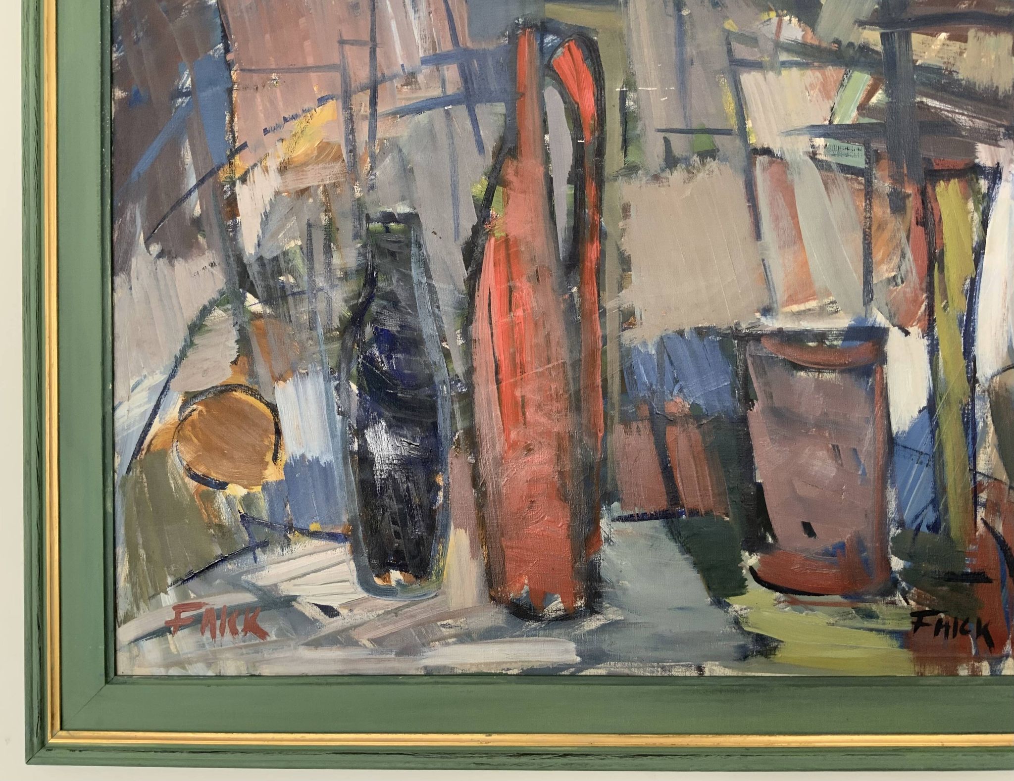 Vintage Modernists Oil Painting Still Life With Red Bottle, Signed Falck