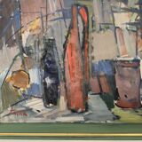 Vintage Modernists Oil Painting Still Life With Red Bottle, Signed Falck