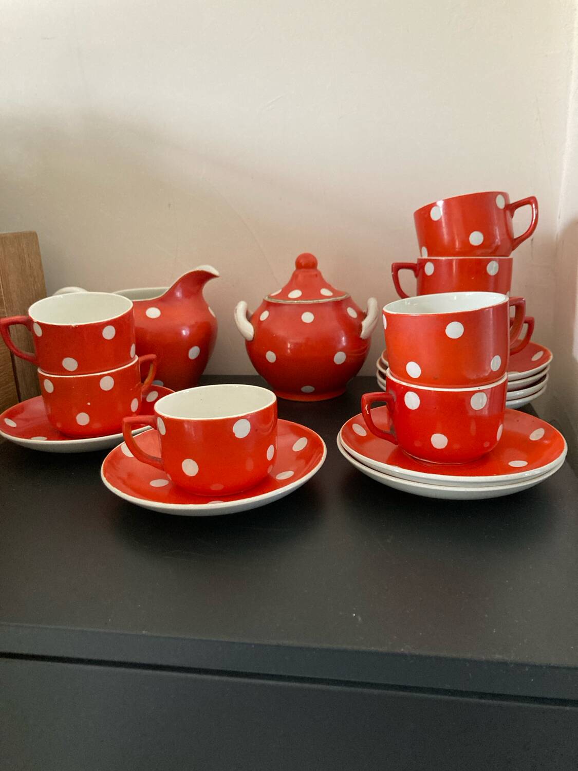 Coffee service, orange earthenware cups from Digoin Sarreguemines.