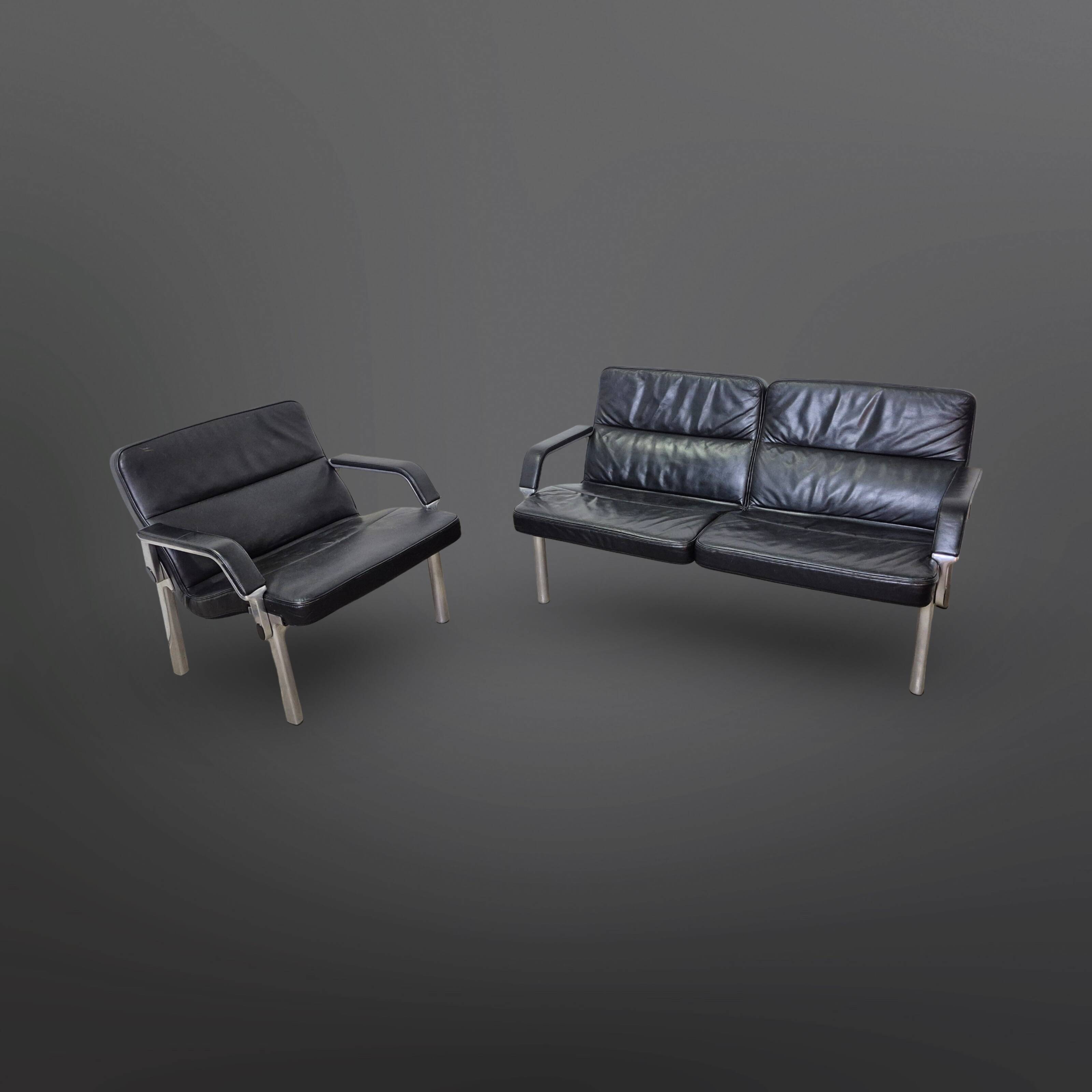 Postmodern black leather seating group, Germany 1980s