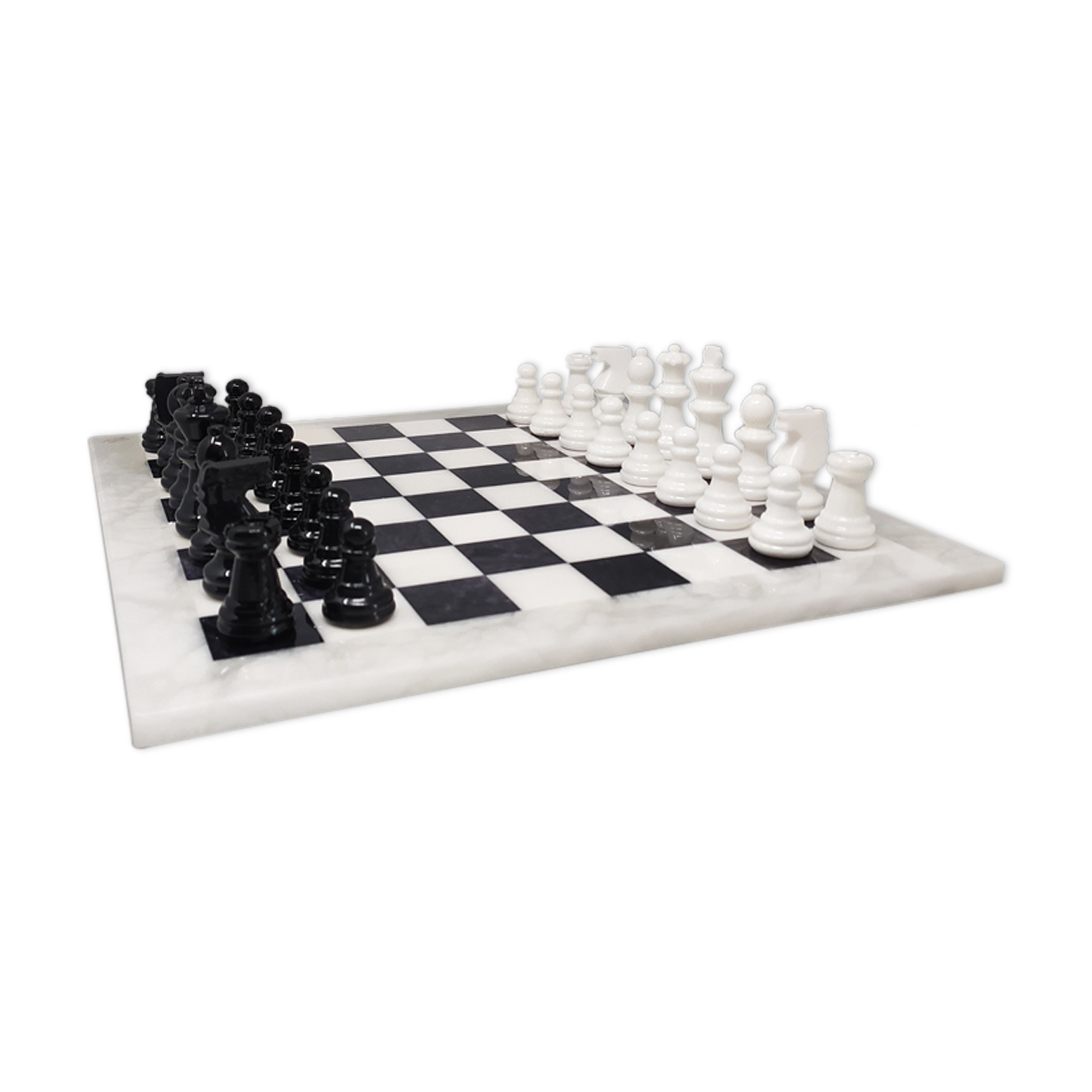 1970s black and white chess set in volterra alabaster handmade made in italy