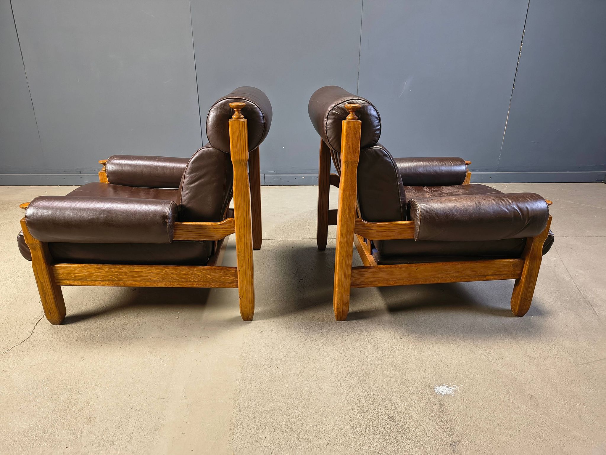 Vintage rustic brown leather and oak armchairs, 1960s - set of 2