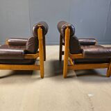 Vintage rustic brown leather and oak armchairs, 1960s - set of 2