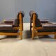 Vintage rustic brown leather and oak armchairs, 1960s - set of 2