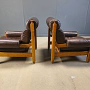 Vintage rustic brown leather and oak armchairs, 1960s - set of 2