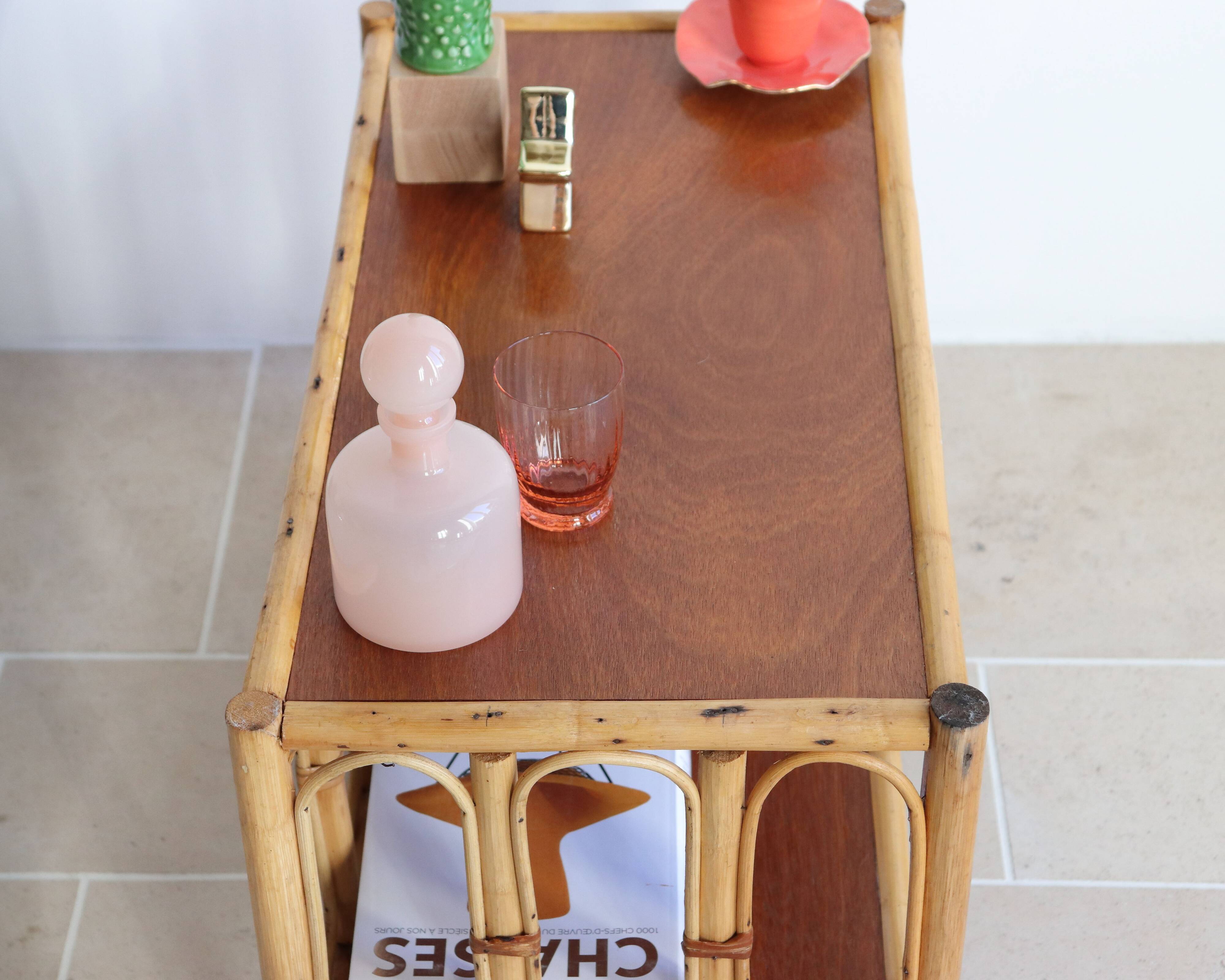 Vintage rectangular side coffee table in wood and rattan with magazine rack