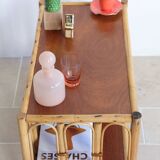 Vintage rectangular side coffee table in wood and rattan with magazine rack