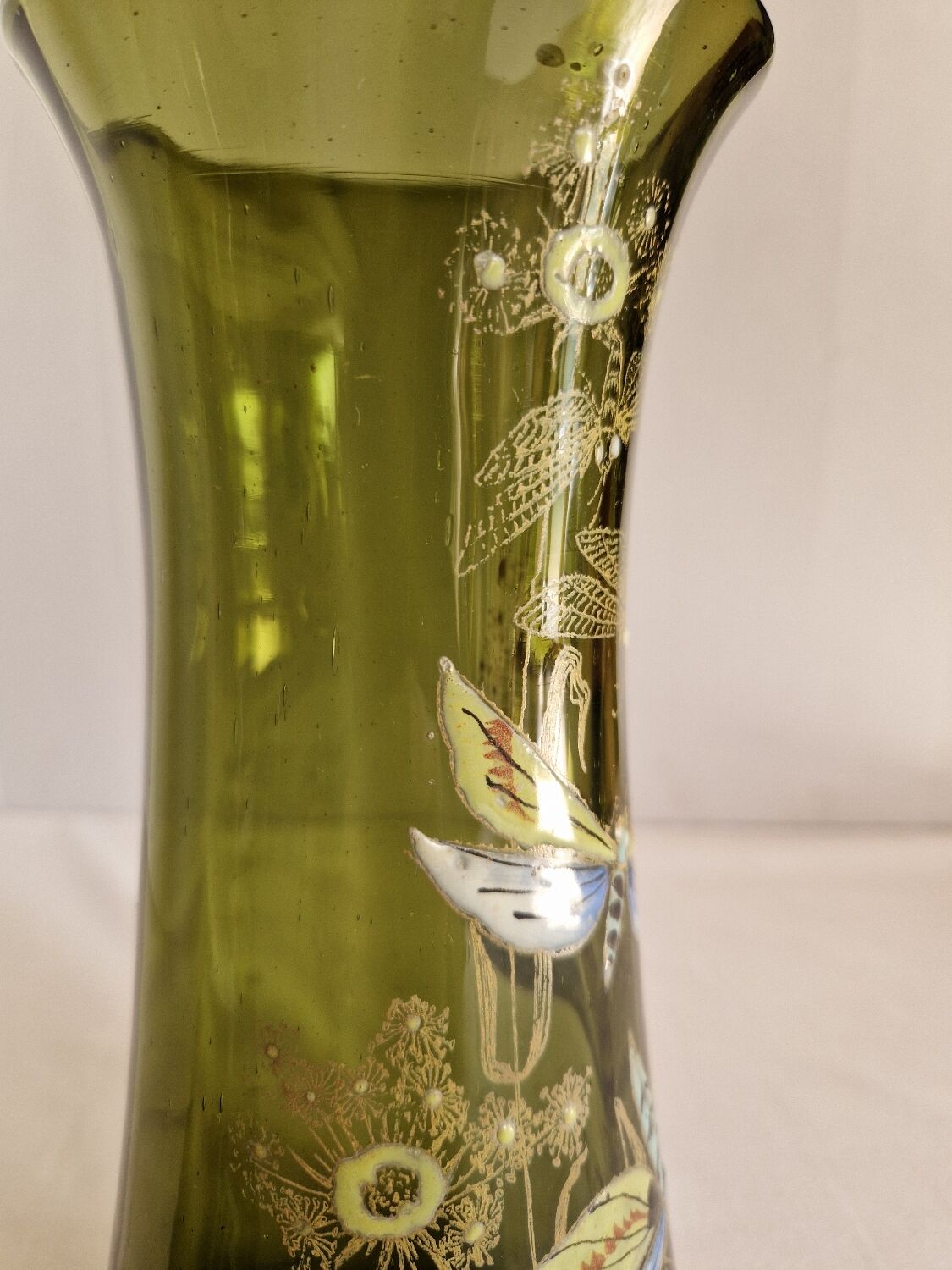 Pair of Enameled Glass Vases with Dragonflies. Unsigned Legras