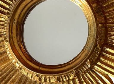 Golden carved wooden sun mirror — 38 cm