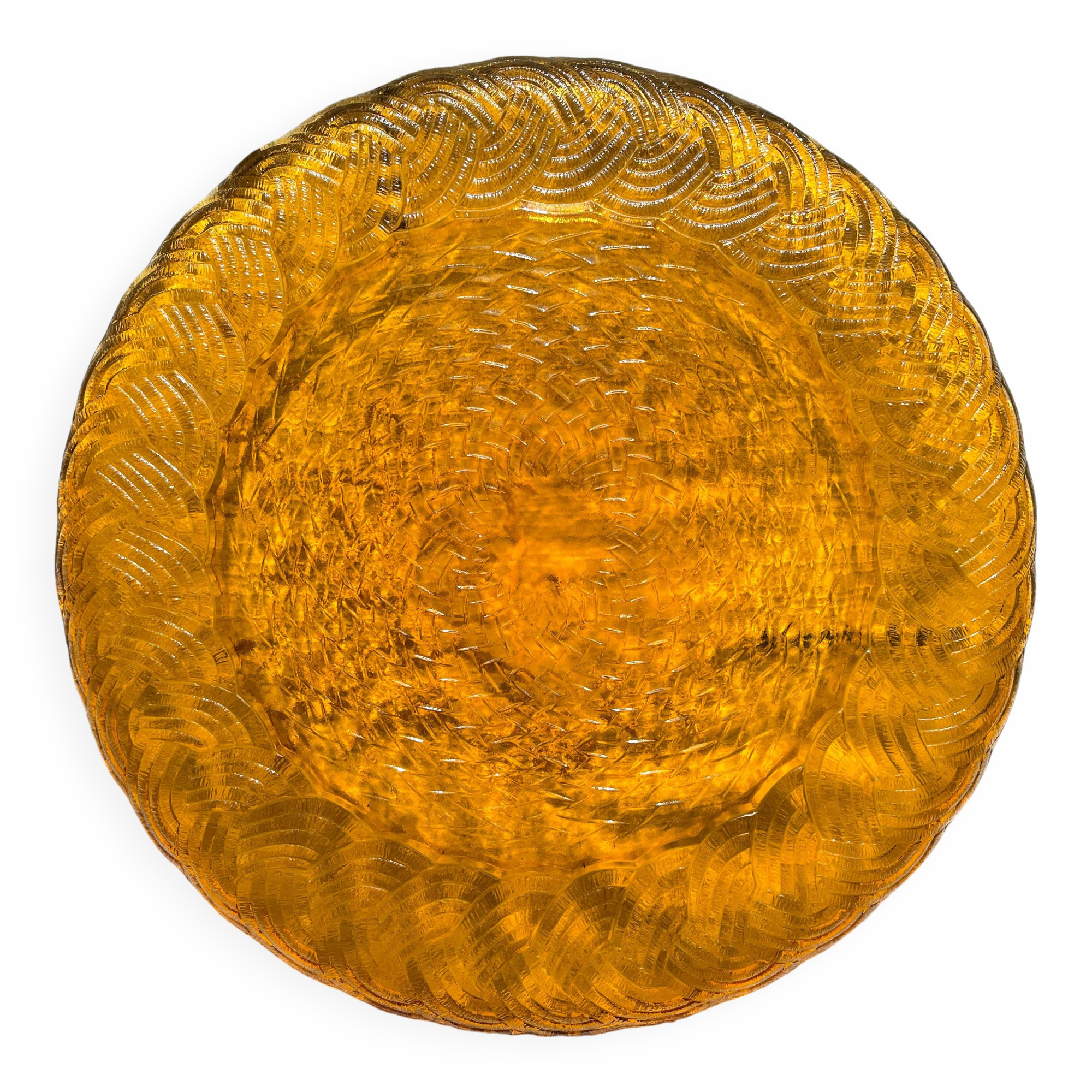 Plat rond en verre ambré ATLANTIC Arcoroc France 1950