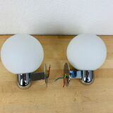 Pair of wall lamps space age chrome and opal globe 70s