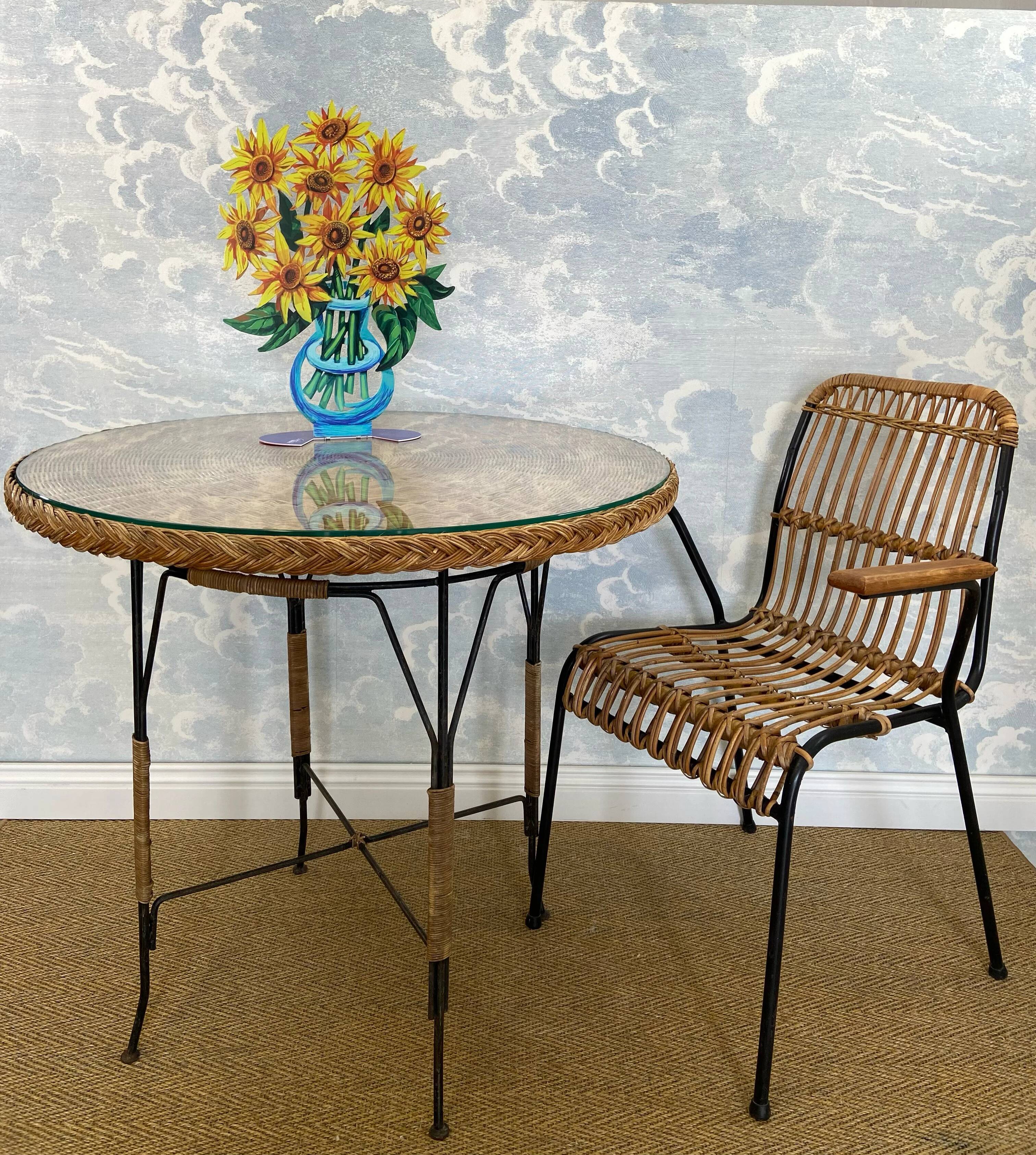 Table en osier Art Déco avec plateau en verre, Allemagne, vers 1920