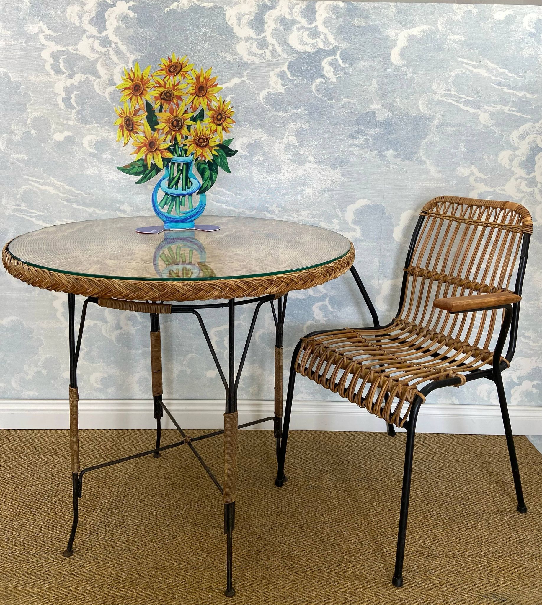 Table en osier Art Déco avec plateau en verre, Allemagne, vers 1920