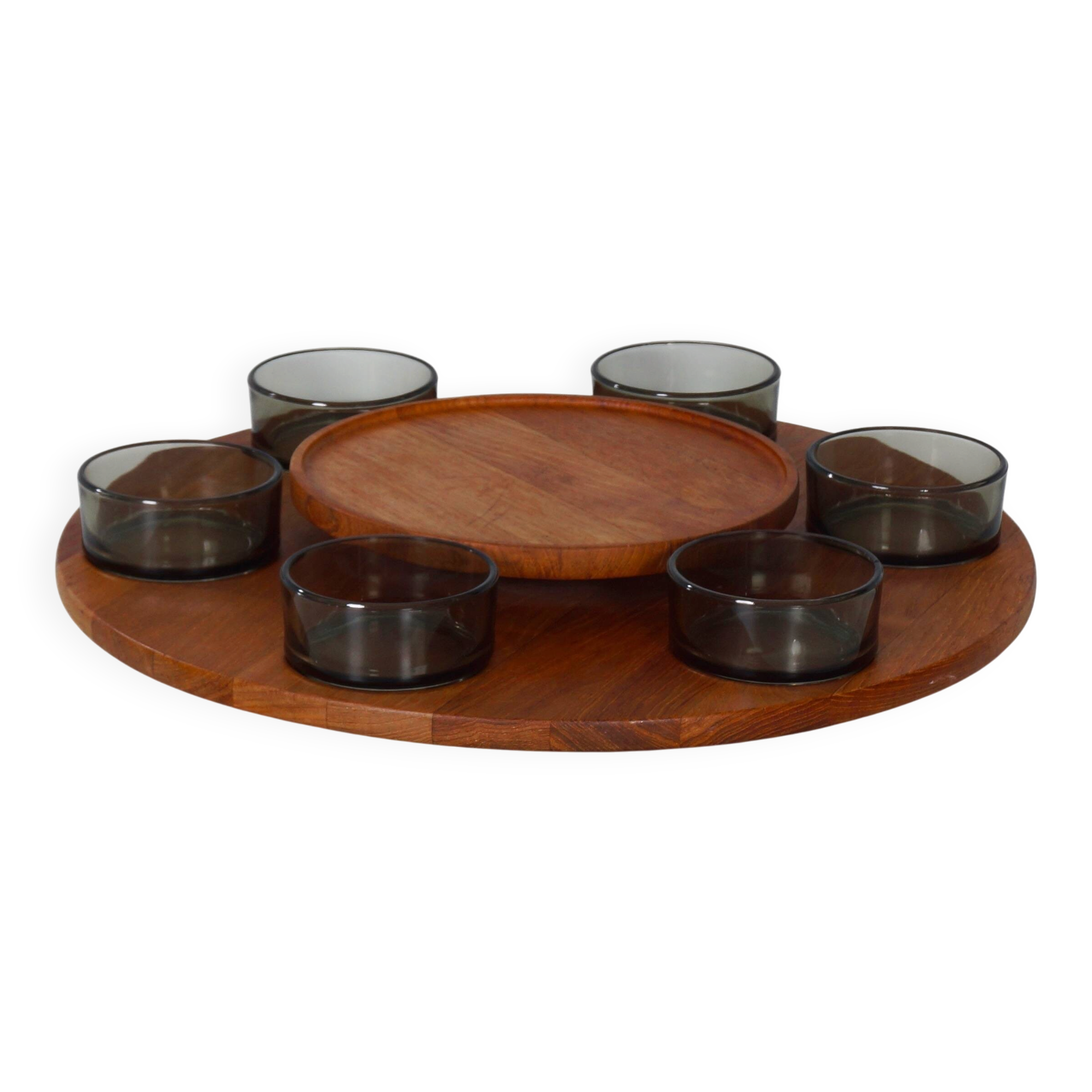 Lazy Susan snack tray with 6 bowls, Denmark, 1960s – Ø 49 cm