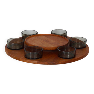 Lazy Susan snack tray with 6 bowls, Denmark, 1960s – Ø 49 cm