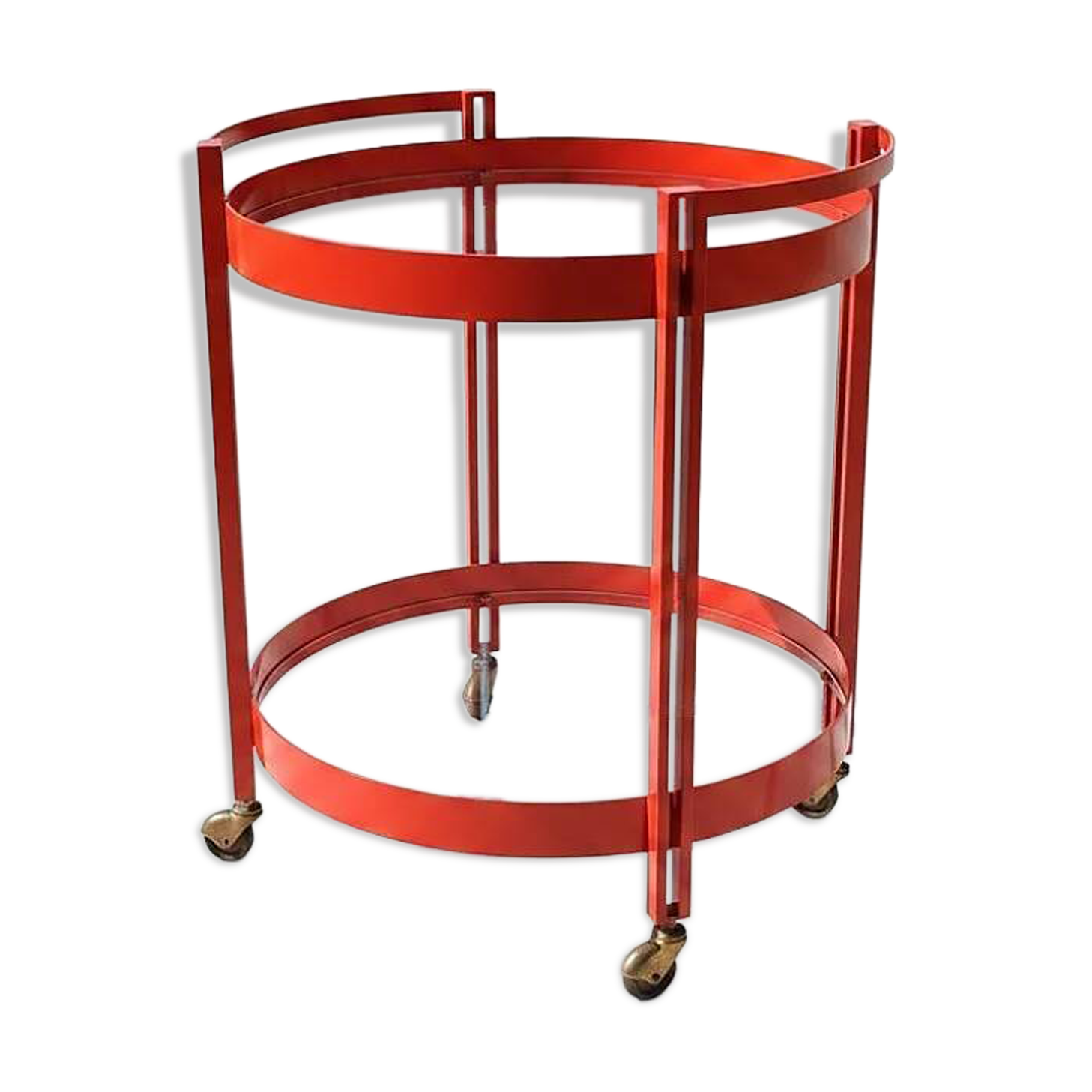 1970s bar trolley, red metal and double glass shelf.