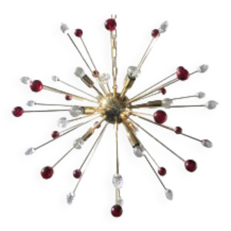 Transparent and red “star” chandelier in sputnik murano glass