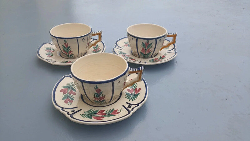 3 cups and 3 numbered Henriot Quimper earthenware saucers