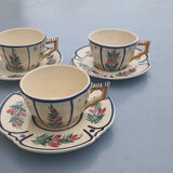 3 cups and 3 numbered Henriot Quimper earthenware saucers