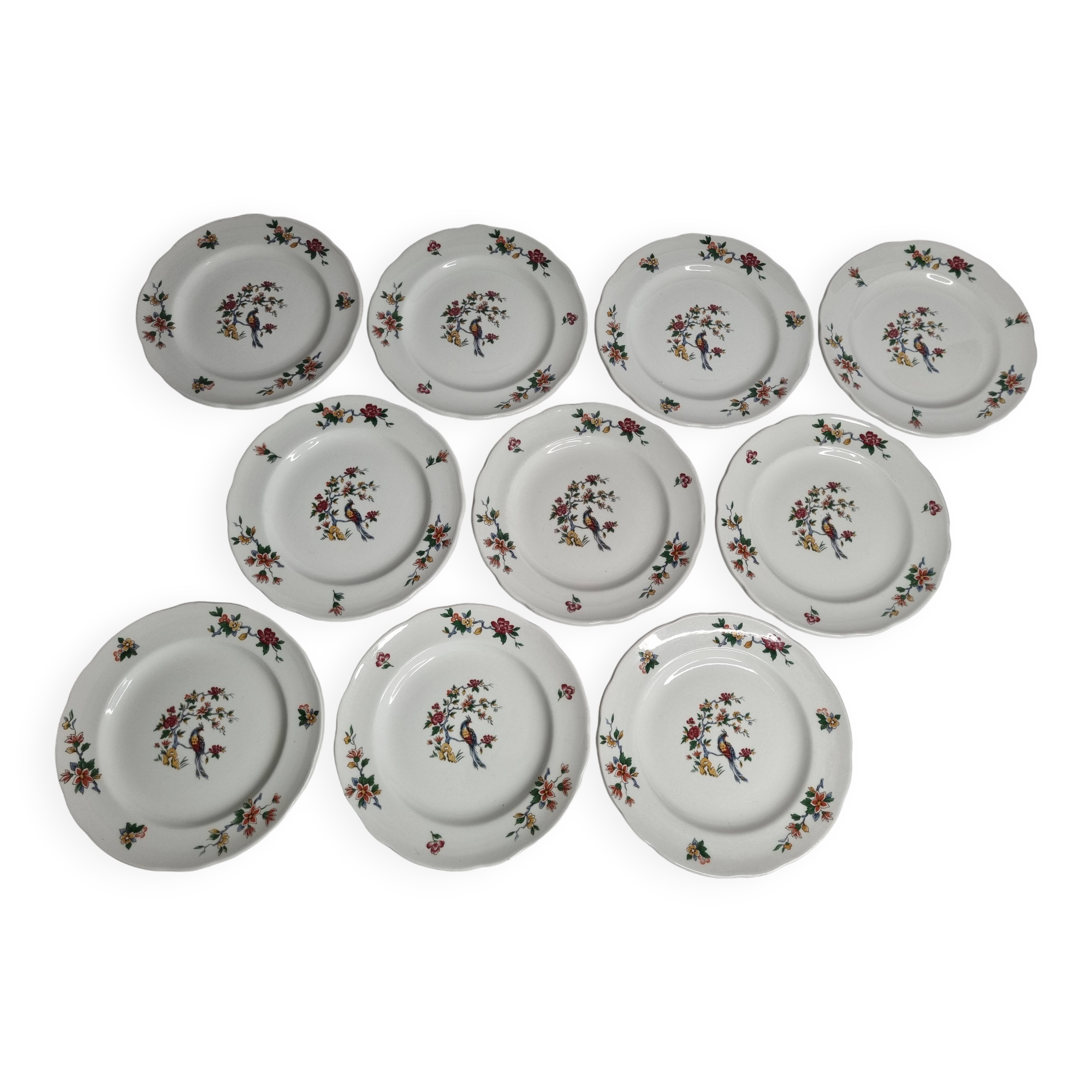 Set of 10 porcelain plates, floral and bird decoration, 18 cm, vintage