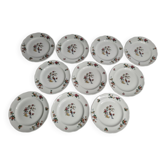 Ensemble de 10 assiettes en porcelaine, décor floral et oiseau, 18 cm, vintage