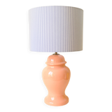 Decorative pink ceramic vase lamp - blue and white striped shade